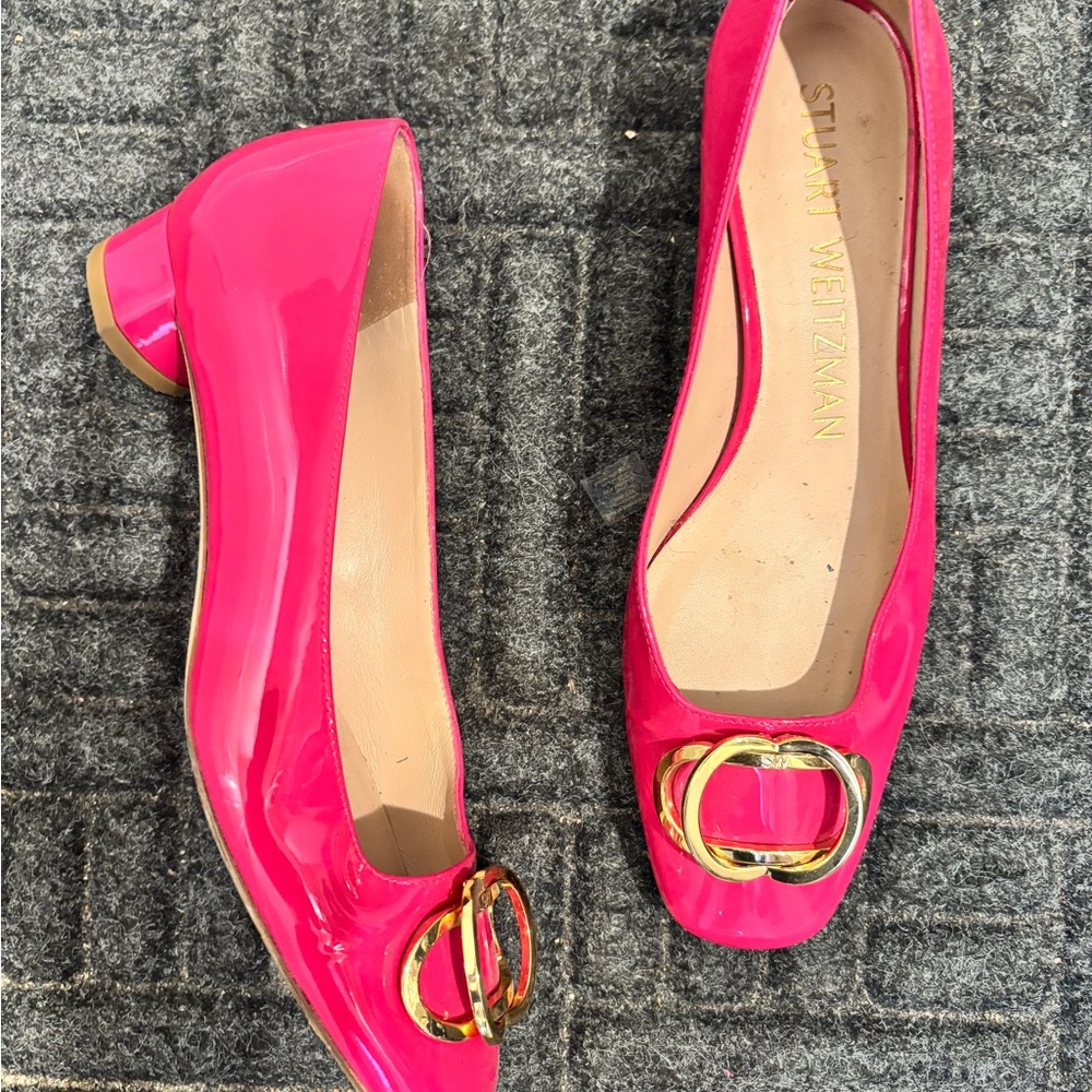 Stuart Weitzman Pink and Gold Flats with Glossy Finish
